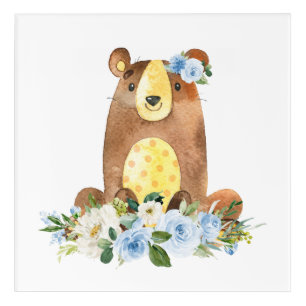 Bear, Woodland Animals, Boho, Blue Flowers Acrylic Print