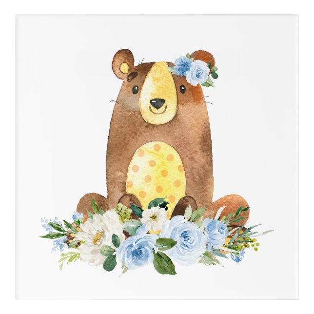 Bear, Woodland Animals, Boho, Blue Flowers Acrylic Print (Front)