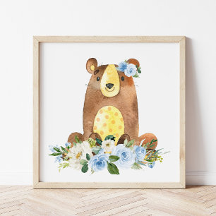 Bear, Woodland Animals, Boho, Blue Flowers Photo Print