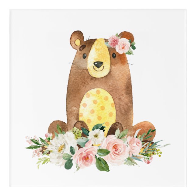 Bear, Woodland Animals, Boho, Pink Flowers Acrylic Print (Front)