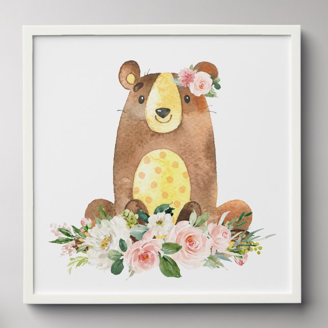Bear, Woodland Animals, Boho, Pink Flowers Peel And Stick Photo Tile (Front Set)