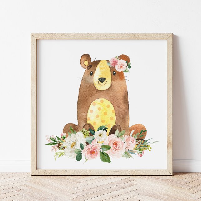 Bear, Woodland Animals, Boho, Pink Flowers Photo Print (Creator Uploaded)