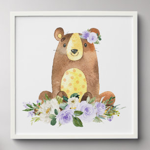Bear, Woodland Animals, Boho, Purple Flowers Peel And Stick Photo Tile