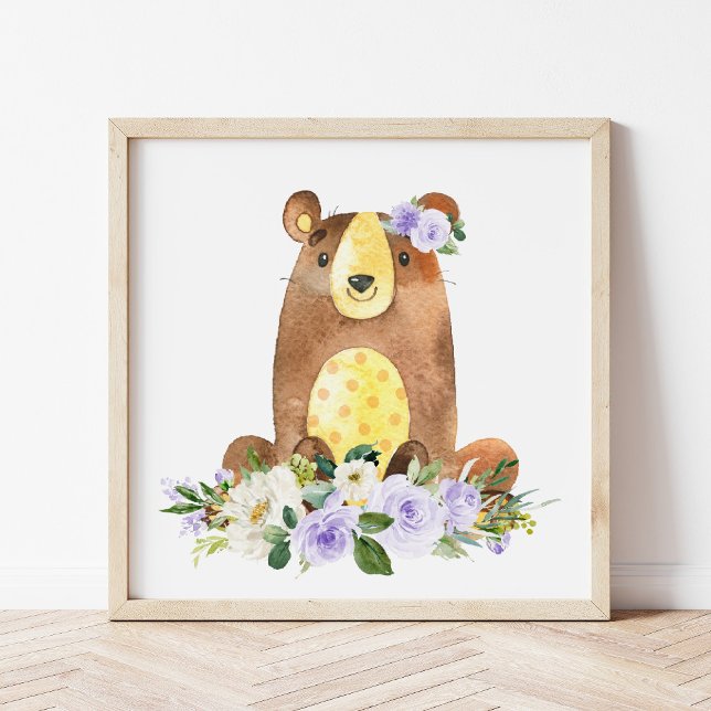 Bear, Woodland Animals, Boho, Purple Flowers Poster (Creator Uploaded)