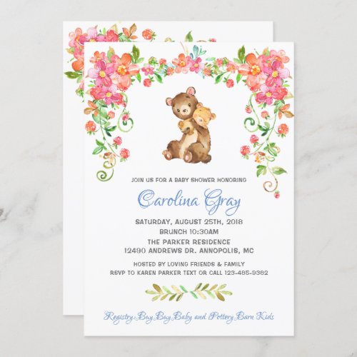 Bear Woodland Boho Floral Baby Shower Invitation