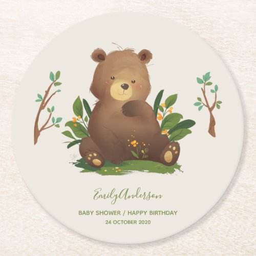 Bear  Woodland Forest Animal Rustic Illustration Round Paper Coaster