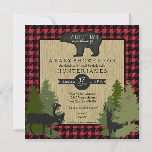 Bear Woodland Forest Lumberjack Plaid Baby Shower Invitation