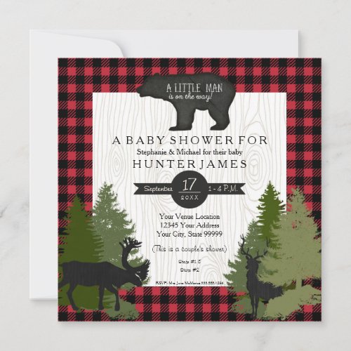 Bear Woodland Forest Lumberjack Plaid Baby Shower Invitation