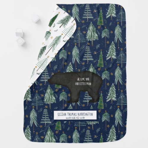 Bear Woodland Forest Navy Blue Baby Birth Stats Baby Blanket