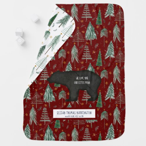 Bear Woodland Forest Tree Red Baby Boy Birth Stats Baby Blanket