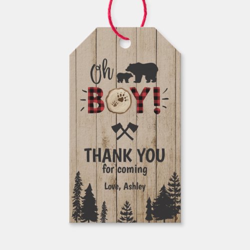 Bear Woodland Lumberjack Plaid Boy Baby Shower Gift Tags