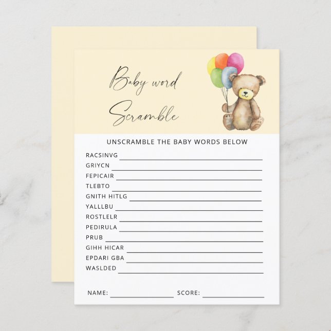 Bear - Word scramble baby shower game (Front/Back)