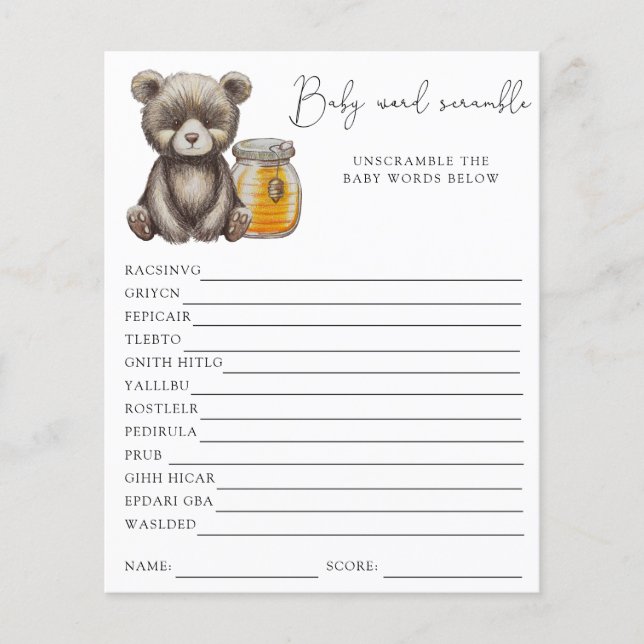 Bear Word Scramble | Baby Shower Game (Front)