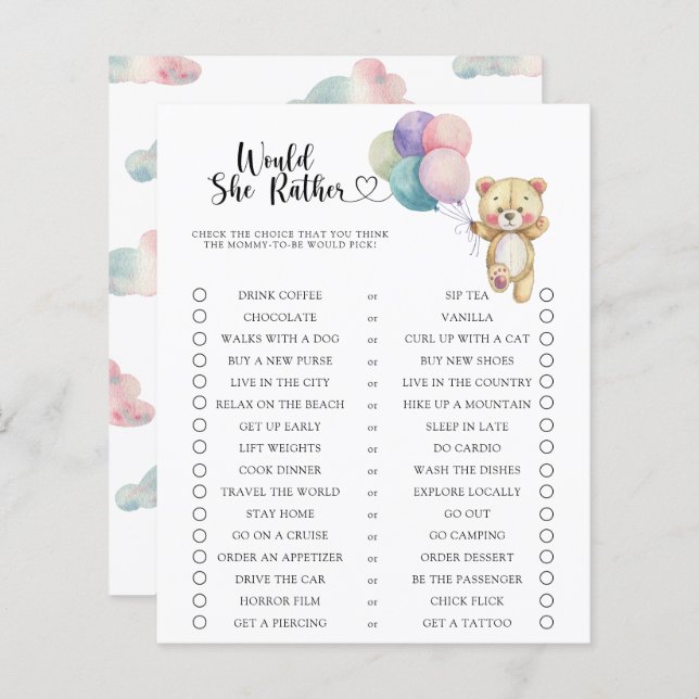 Bear / Would She Rather Baby Shower Game (Front/Back)