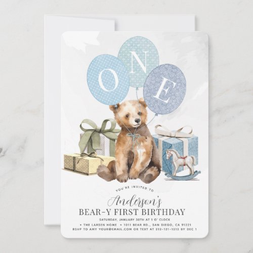 Bear_y 1st Birthday Bear Blue Balloon Boy Invitation