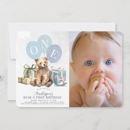 Bear_y 1st Birthday Bear Blue Balloon Boy Photo Invitation