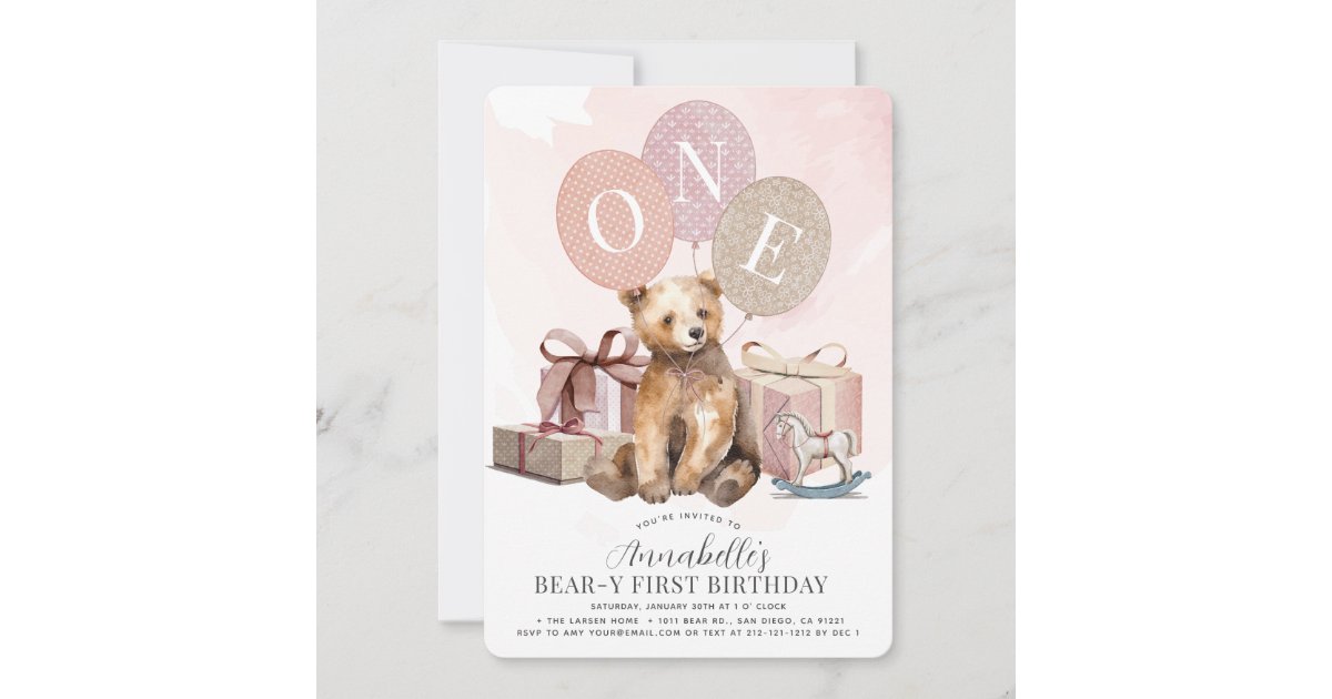 Bear-y 1st Birthday Bear Pink Balloon Girl Invitation | Zazzle