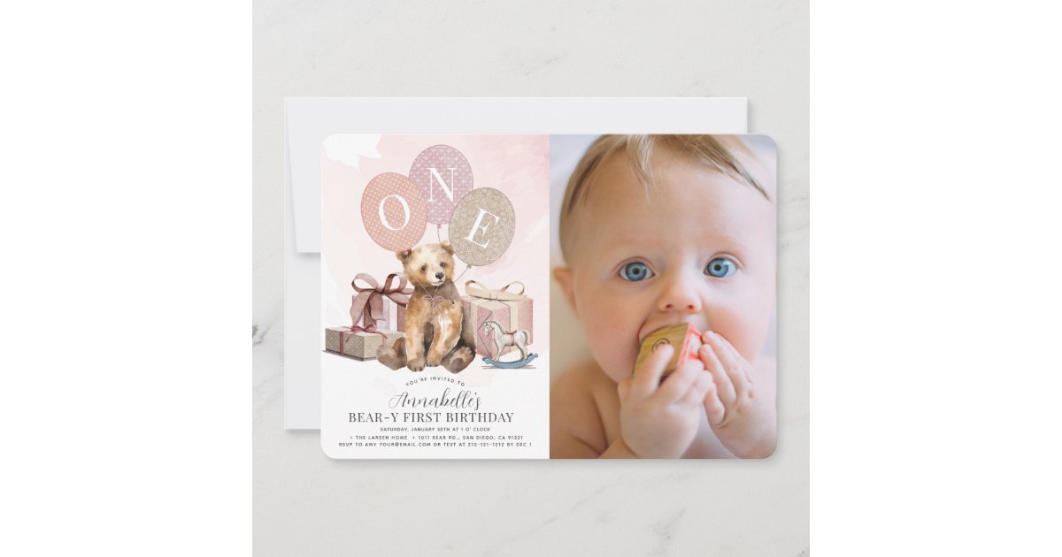 Bear-y 1st Birthday Bear Pink Balloon Girl Photo Invitation | Zazzle