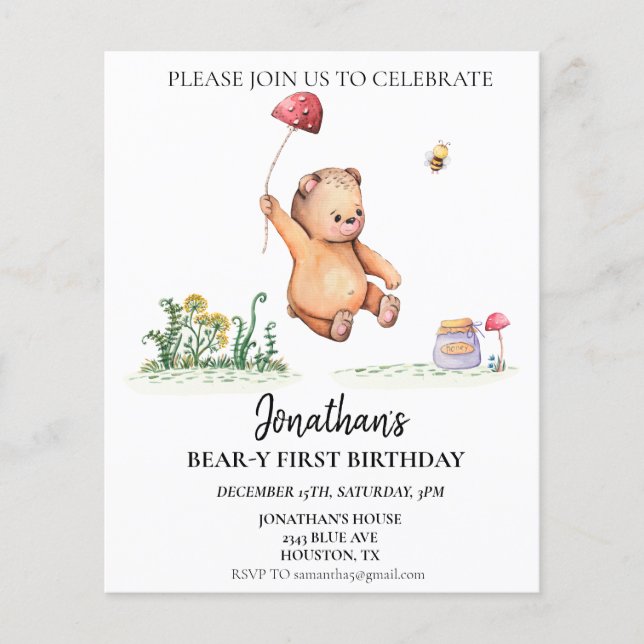 Bear-y 1st First Birthday Watercolor Cute Bear  (Front)