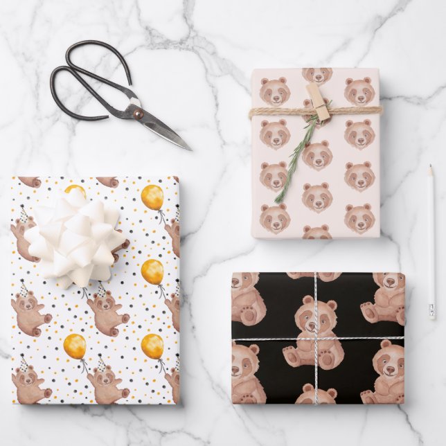 Bear-y Cute Birthday Wrapping Paper Sheets – Teddy (Front)