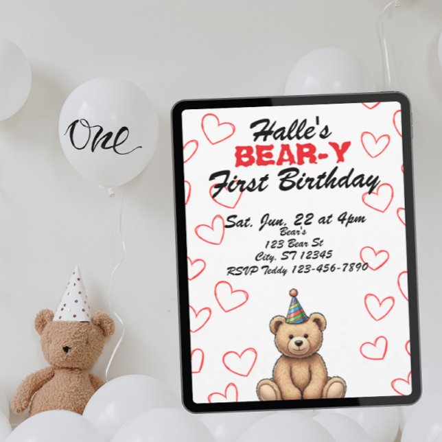 BEAR-Y First Birthday, cute teddy bear birthday Invitation (Creator Uploaded)
