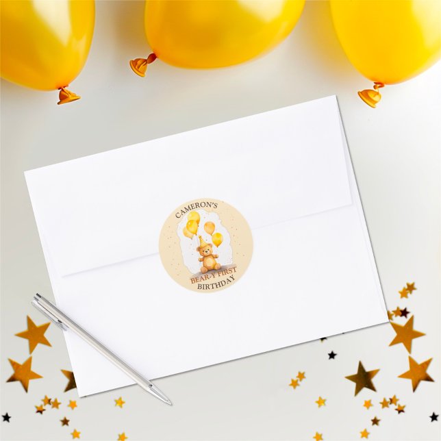 Bear-y First Birthday Gender Neutral Yellow Bear Classic Round Sticker (Creator Uploaded)