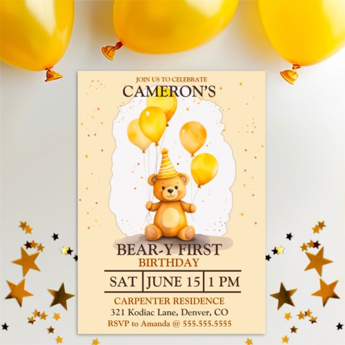 Bear_y First Birthday Gender Neutral Yellow Bear Invitation