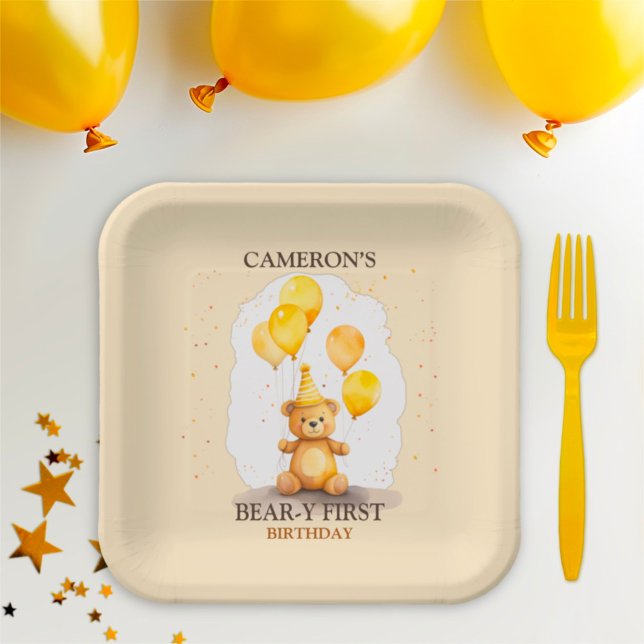 Bear-y First Birthday Gender Neutral Yellow Bear Paper Plates (Creator Uploaded)