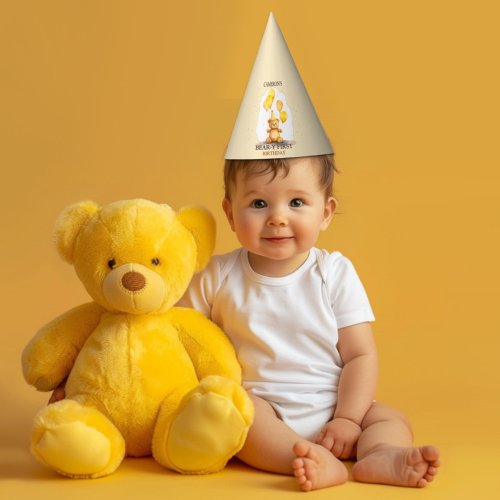 Bear_y First Birthday Gender Neutral Yellow Bear Party Hat