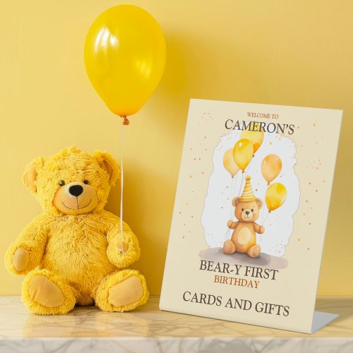 Bear_y First Birthday Gender Neutral Yellow Bear Pedestal Sign