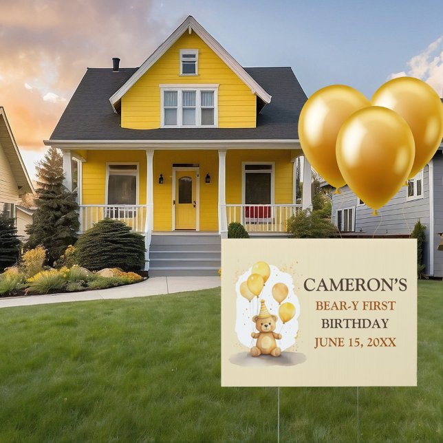 Bear-y First Birthday Gender Neutral Yellow Bear Sign (Creator Uploaded)