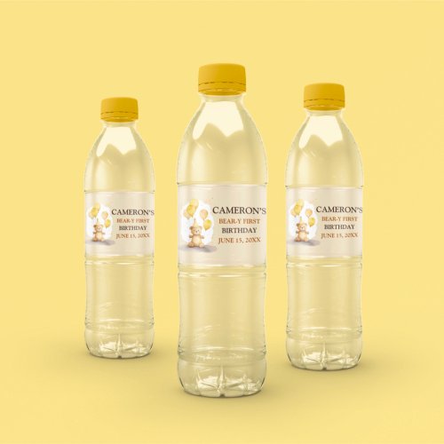 Bear_y First Birthday Gender Neutral Yellow Bear Water Bottle Label