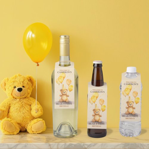 Bear_y First Birthday Yellow Bear Welcome Sign Bottle Hanger Tag