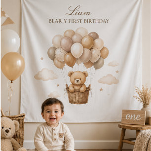 Bear-y Neutral Balloon First Birthday Tapestry