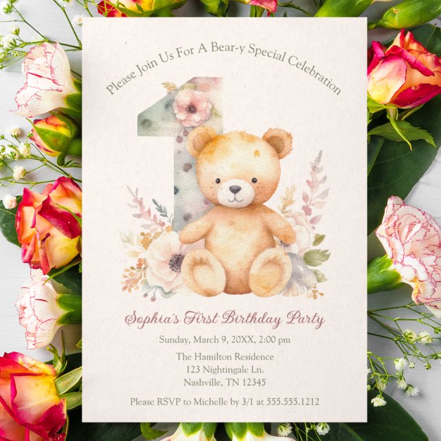 Bear-y Special Spring Floral First Birthday Invitation (Creator Uploaded)