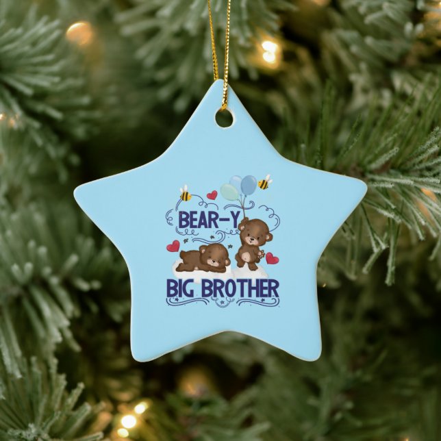 Bear-y Very Big Brother Sibling Pun Ceramic Ornament (Tree)