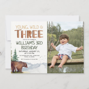 Bear-Young Wild and Three Boys 3rd Birthday Invitation