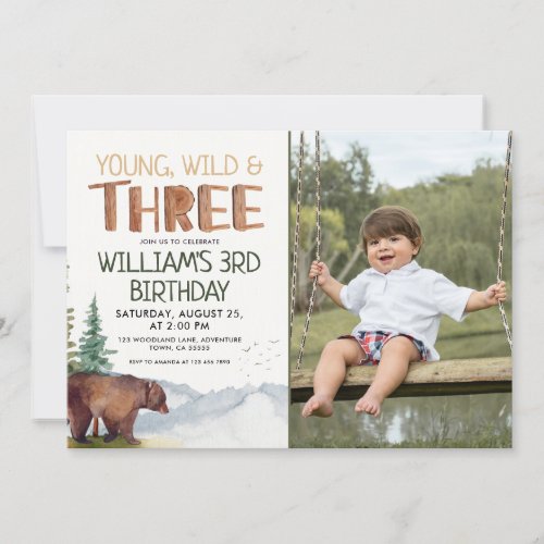 Bear_Young Wild and Three Boys 3rd Birthday Invitation