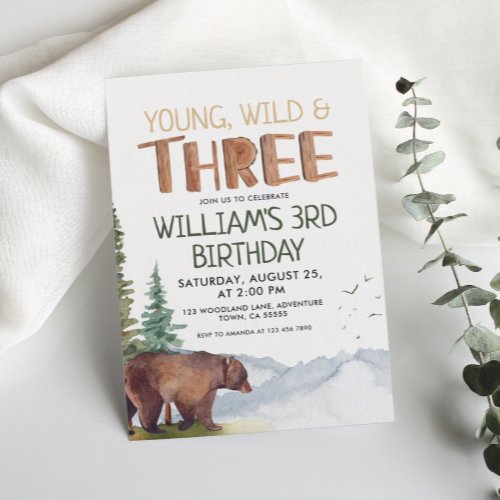 Bear_Young Wild and Three Boys 3rd Birthday  Invitation