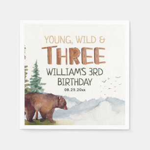 Bear-Young Wild and Three Boys 3rd Birthday  Napkins