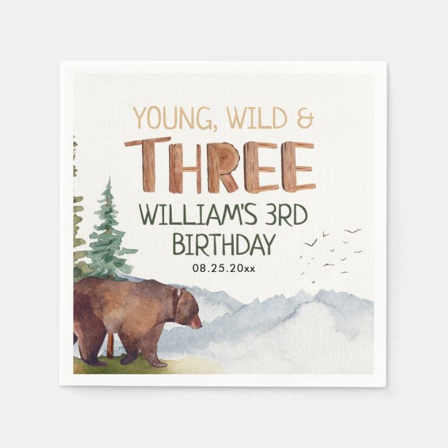 Bear-Young Wild and Three Boys 3rd Birthday  Napkins (Front)