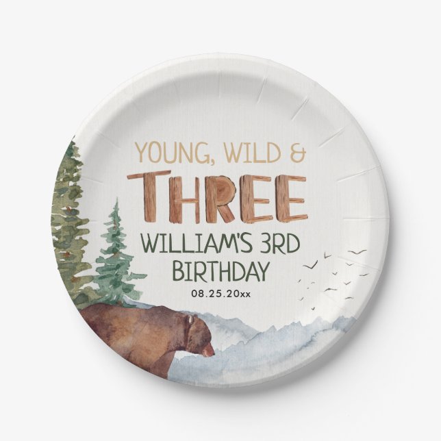 Bear-Young Wild and Three Boys 3rd Birthday Paper Plates (Front)
