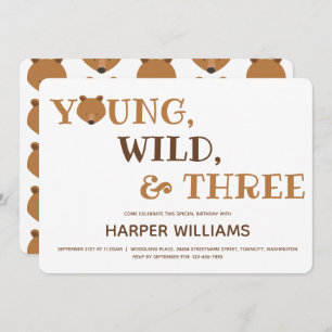 Bear Young Wild Three Kids 3rd Birthday Invitation