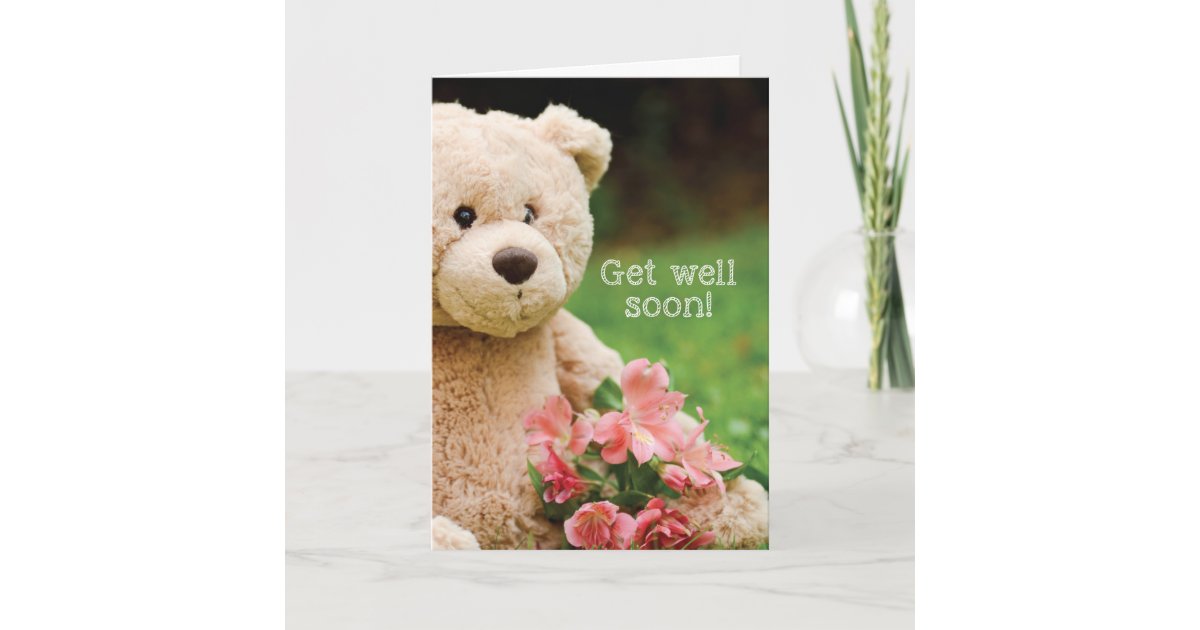Teddy Bear With Flowers And Card With Lettering Get Well Stock