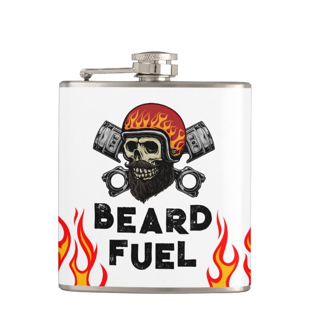 BEARD FUEL Funny Men's Skull & Flames Joke Gift Flask (Front)