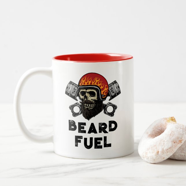 BEARD FUEL Funny Men's Skull & Flames Joke Gift Two-Tone Coffee Mug (With Donut)