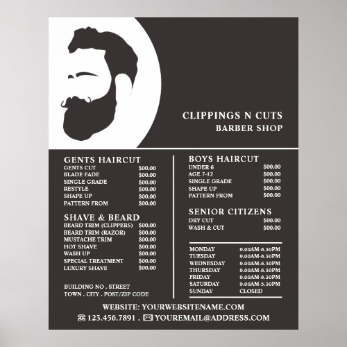 Beard Logo Mens Barbers Price List Poster