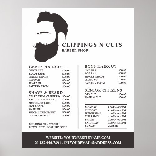 Beard Logo Mens Barbers Price List Poster