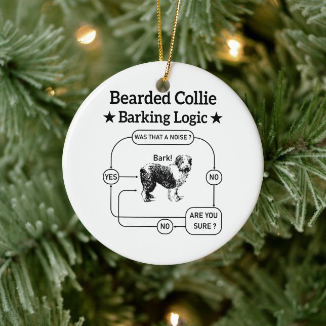 Bearded Collie Barking Logic Funny Dog Sarcastic Ceramic Ornament (Tree)