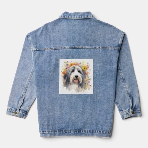 Bearded Collie between Wildflowers 1 Denim Jacket